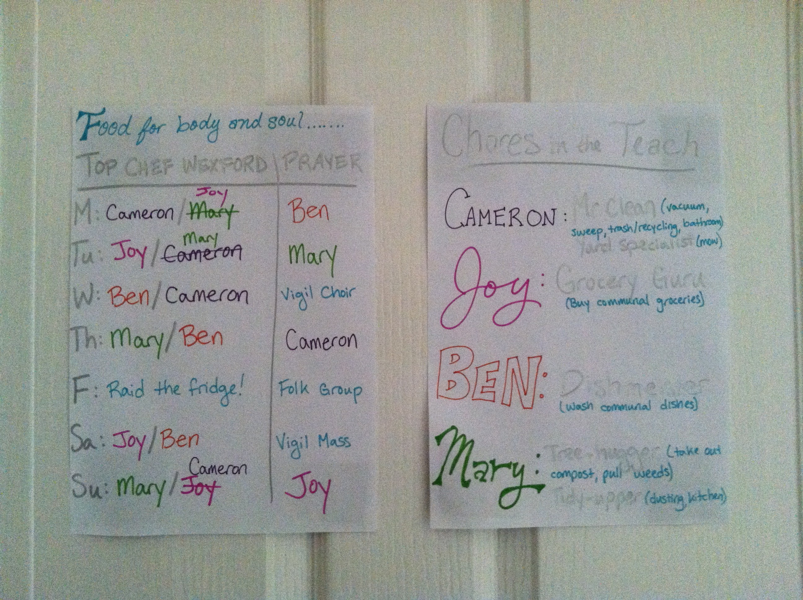 Our "Chore Chart" that lays out the Master/Sous Chef pairing each night, what nights we're responsible for prayer, and what our weekly chores are.