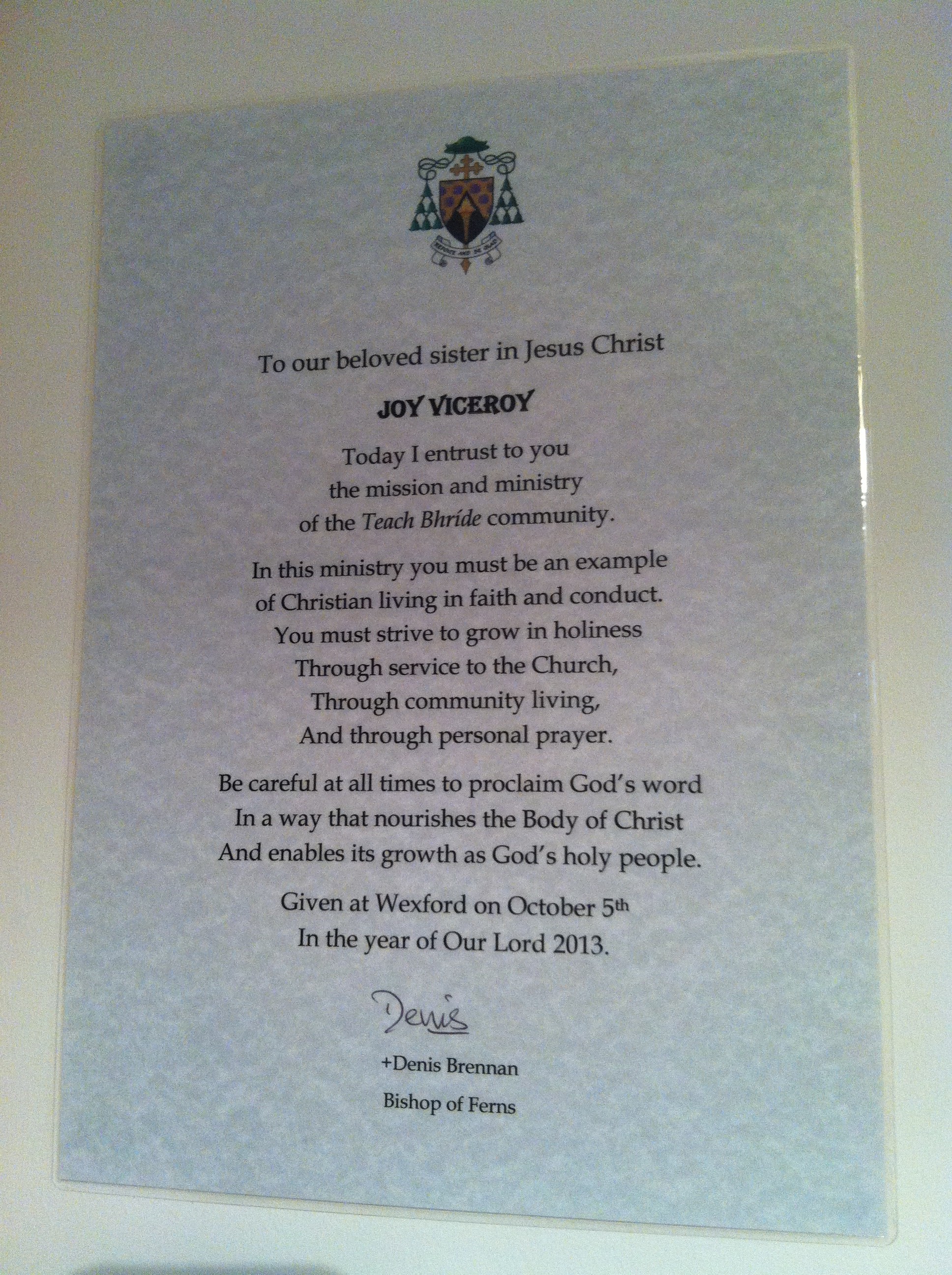 The certificate we all received from Bishop Denis for our commissioning ceremony.  What a huge responsibility we have all been granted!